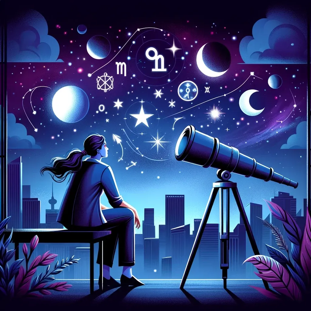 A person gazing at the night sky through a telescope over a city skyline