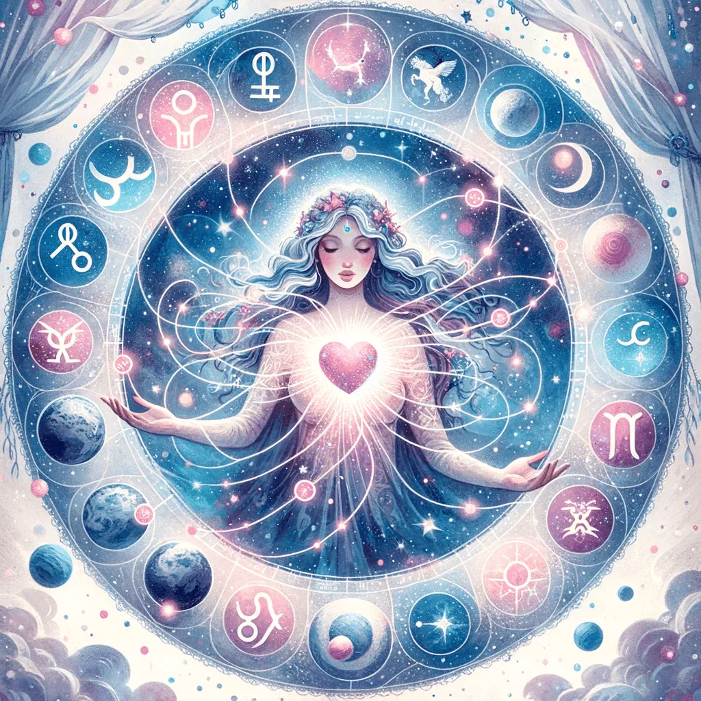 Celestial goddess surrounded by the zodiac wheel with a glowing heart