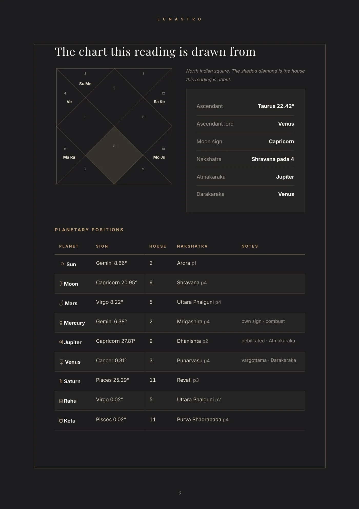 The birth chart page, showing the kundli and planetary positions